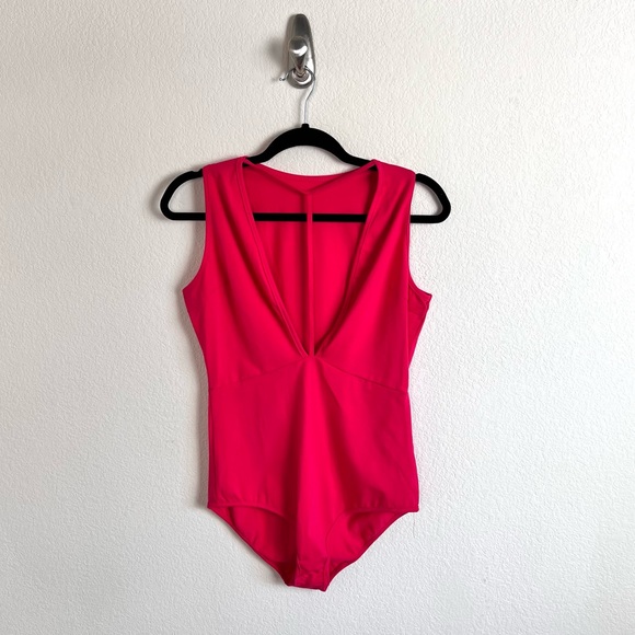 Hot Pink Harness Strappy V-Neck Tank Bodysuit - Picture 1 of 10